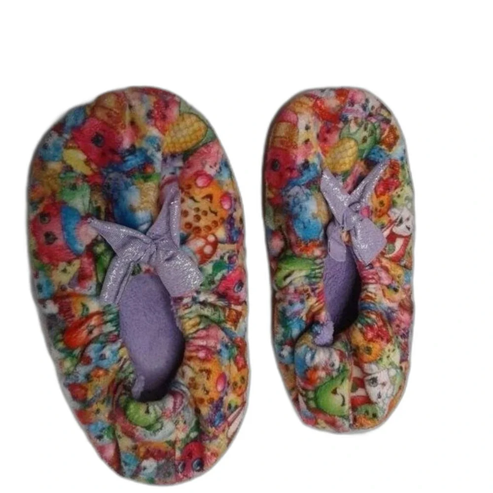 Shopkins Girls Fleece Slippers Non-Slip Grippers Purple Pink Glitter Size S/M